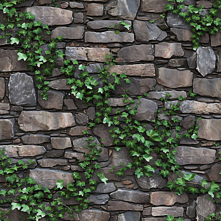 Weathered Stone Wall with Natural Ivy Vines seamless PBR texture preview