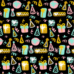 seamless Seamless 3D PBR texture with colorful birthday gifts and party hats on black texture 8k free download PBR