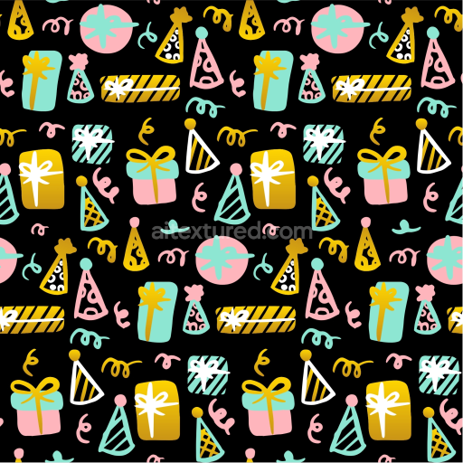 Seamless 3D PBR texture with colorful birthday gifts and party hats on black