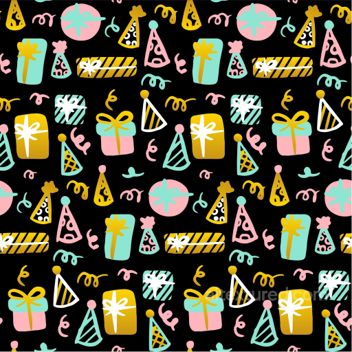 With Colorful Birthday Gifts And Party Hats On Black seamless Birthday PBR texture