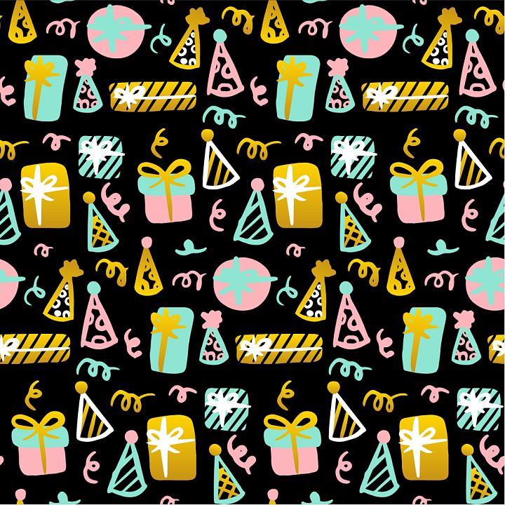 With Colorful Birthday Gifts And Party Hats On Black seamless PBR texture preview