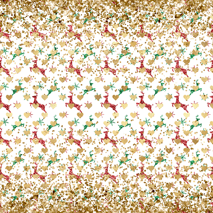 Digital Paper with Gold Hearts and Red-Green Glitter Reindeer seamless PBR texture preview