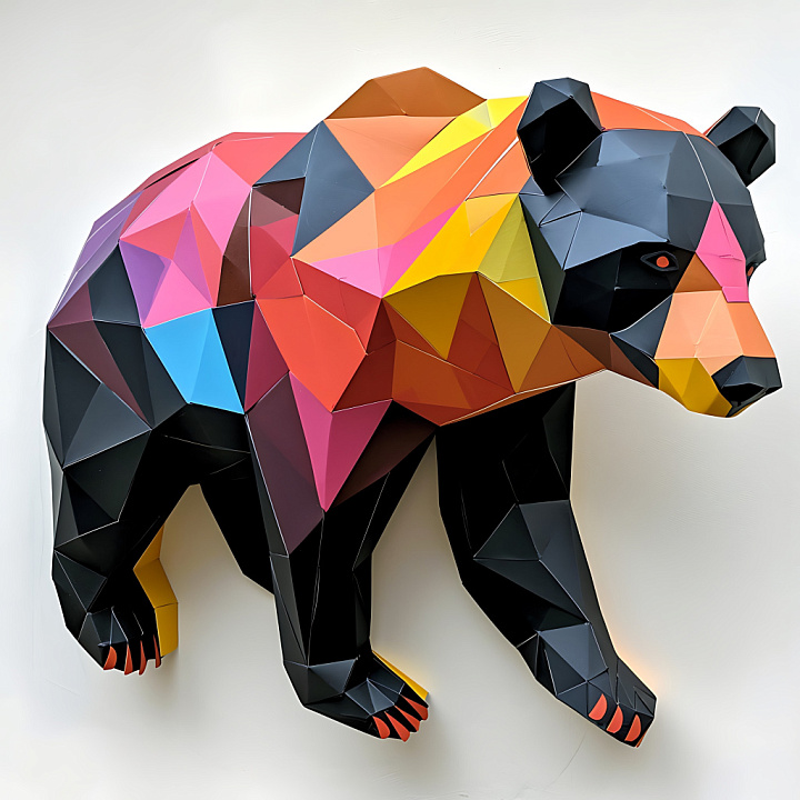 Animal of Asiatic Black Bear with Bold Origami-Inspired Geometric Colors seamless PBR texture preview