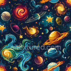 seamless Seamless 3D PBR Texture of Cartoon Style Space with Vibrant Planets & Swirling Nebulae texture 8k free download PBR
