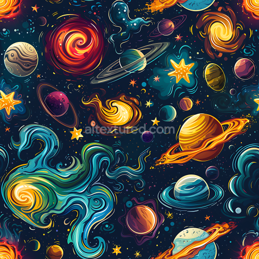 Seamless 3D PBR Texture of Cartoon Style Space with Vibrant Planets & Swirling Nebulae