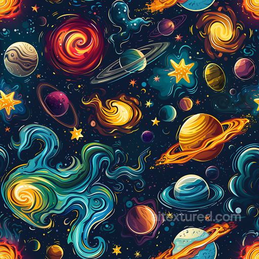 Star, Space, Planets Texture of Cartoon Style Space with Vibrant Planets & Swirling Nebul… seamless Star, space, planets PBR texture