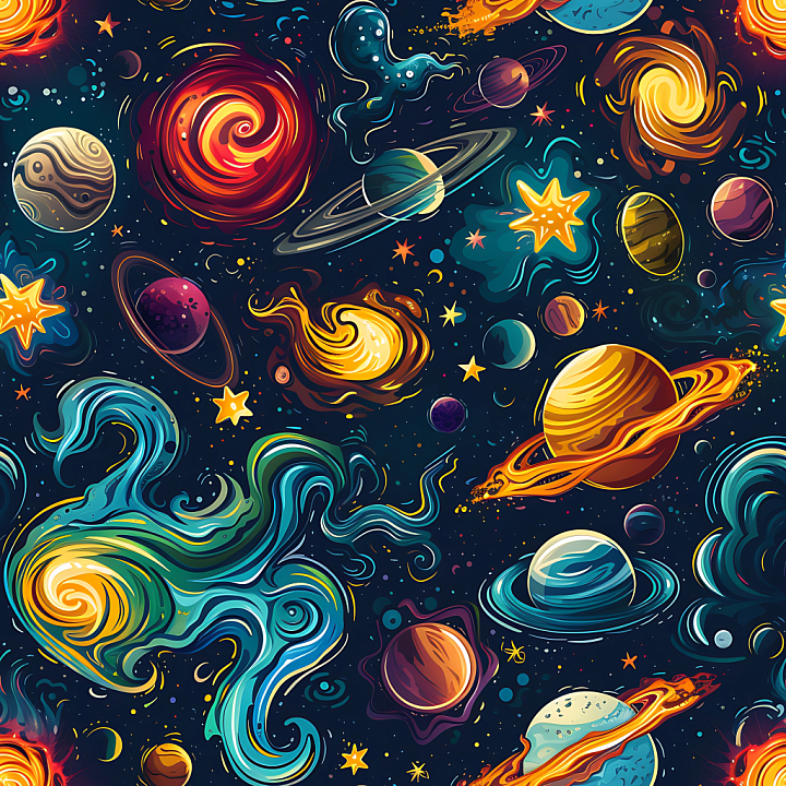 Star, Space, Planets of Cartoon Style Space with Vibrant Planets & Swir… seamless PBR texture preview