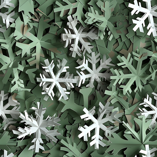 Seamless 3D Camouflage PBR Texture Featuring Stylized Winter Foliage with Snowflake Elements in Muted Green and White Palette