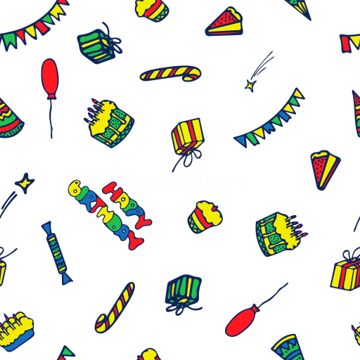 Seamless 3D PBR Texture with Colorful Hand-Drawn Birthday Icons on White