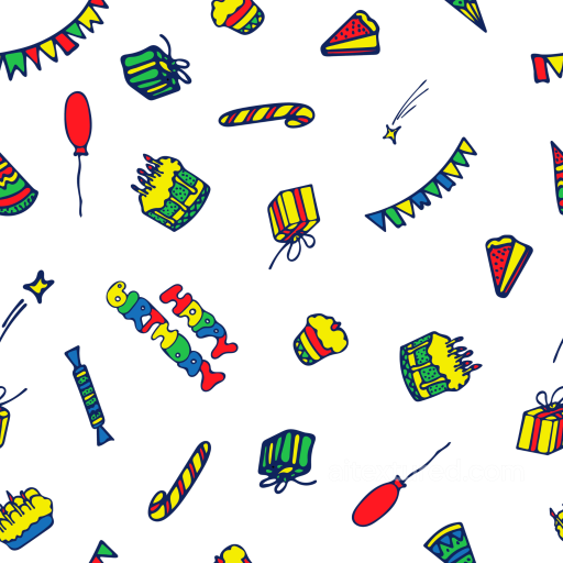 with Colorful Hand-Drawn Birthday Icons on White seamless Birthday PBR texture