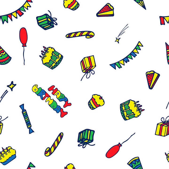 with Colorful Hand-Drawn Birthday Icons on White seamless PBR texture preview