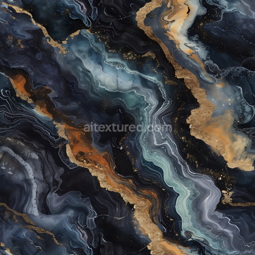 Seamless 3D Black Marble PBR Texture Featuring Bold Gold and Orange Veins