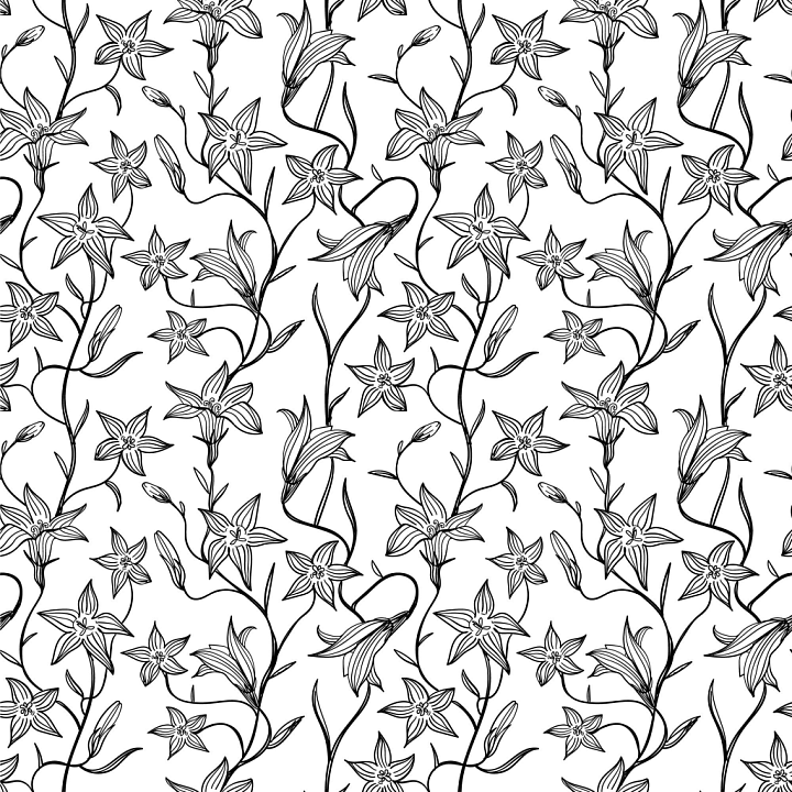 White & Black of Black and White Floral Line Art Pattern seamless PBR texture preview