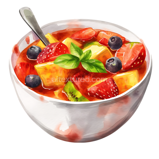 Watercolor Style Breakfast Fruit Compote Graphic with Mixed Berries and Fresh Basil
