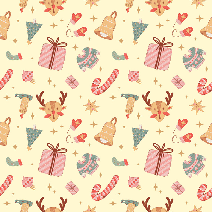Pattern Featuring Hand-Drawn Christmas Motifs in Warm Colors seamless PBR texture preview