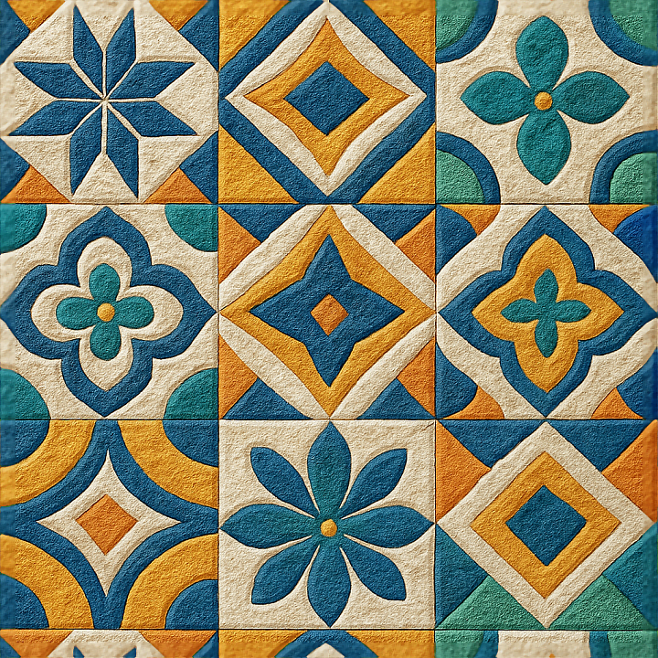Ceramic Tiles Mosaic With Intricate Geometric Motifs And Vibrant Colors seamless PBR texture preview