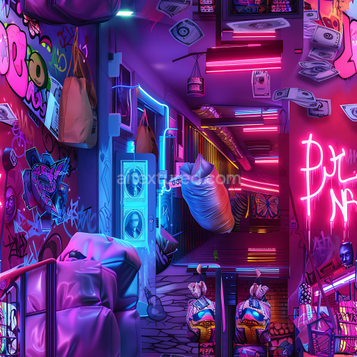 Seamless 3D PBR Graffiti Texture Featuring Neon-Lit Purple and Blue Urban Alleyway