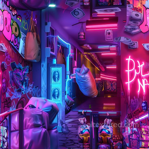 Seamless 3D PBR Graffiti Texture Featuring Neon-Lit Purple and Blue Urban Alleyway texture preview