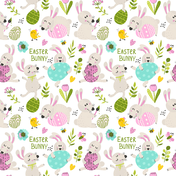with Playful Easter Bunny and Colorful Eggs Pattern seamless PBR texture preview
