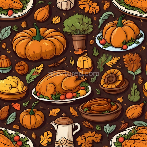 Seamless 3D PBR Texture Featuring Hand-Drawn Thanksgiving Feast Motifs