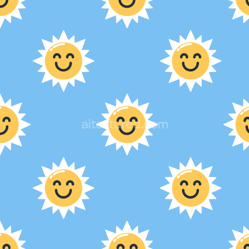 Seamless 3D PBR Texture with Cheerful Yellow Smiling Sun Pattern on Blue Background