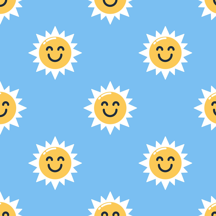 with Cheerful Yellow Smiling Sun Pattern on Blue Background seamless PBR texture preview