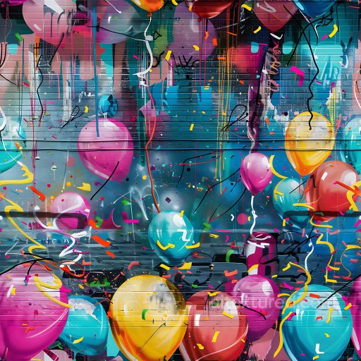 Seamless 3D PBR Graffiti Texture Featuring Vibrant Painted Balloons and Confetti texture preview