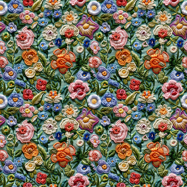 Colorful Embroidered Floral Fabric seamless PBR texture preview