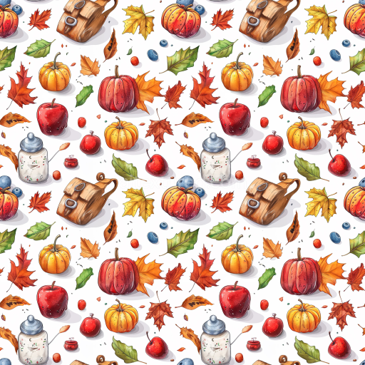 Seamless 3D PBR Texture Featuring Illustrated Thanksgiving Elements on White Background