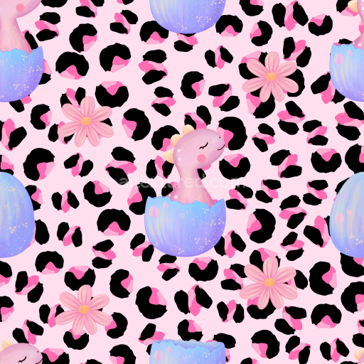 Seamless 3D PBR Texture of Pink Dinosaur and Floral Pattern on Leopard Print Fabric
