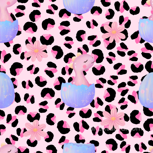 Baby Girl Texture of Pink Dinosaur and Floral Pattern on Leopard Print Fabric seamless Baby girl  PBR texture