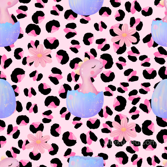 Baby Girl Texture of Pink Dinosaur and Floral Pattern on Leopard Print Fabric Baby girl texture preview