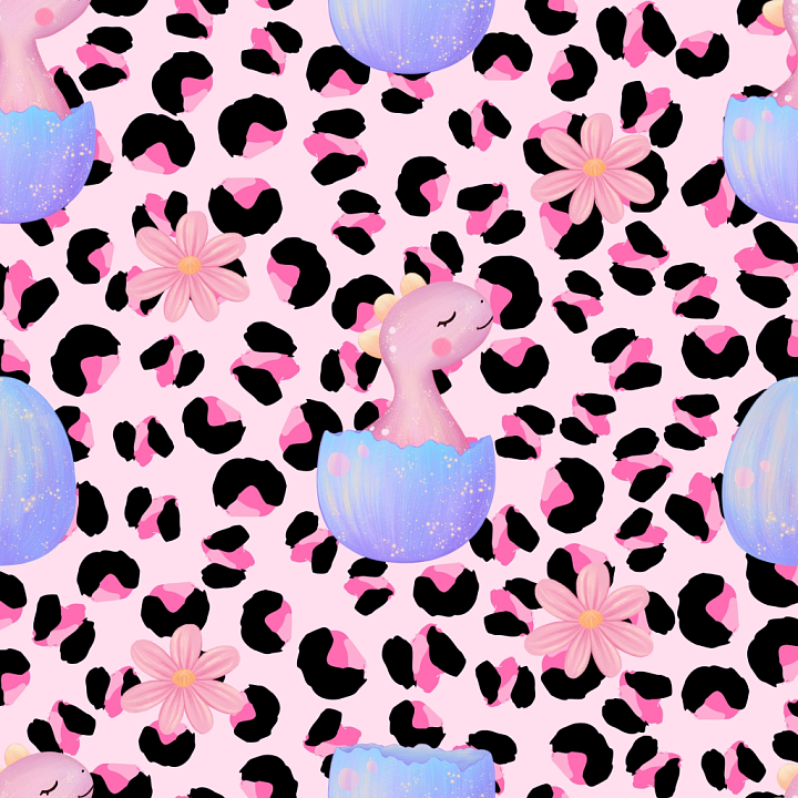 Baby Girl of Pink Dinosaur and Floral Pattern on Leopard Print Fabric seamless PBR texture preview