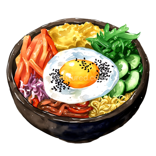 Watercolor Style Korean Bibimbap Breakfast Bowl with Egg and Fresh Vegetables