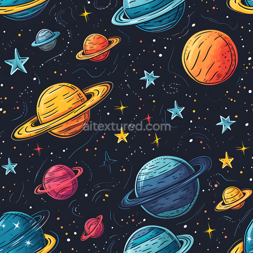 Seamless 3D Space PBR Texture Featuring Cartoon Planets and Colorful Stars