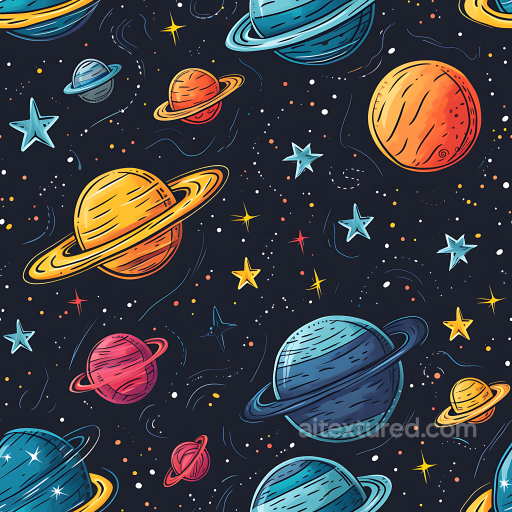 Space PBR Texture Featuring Cartoon Planets and Colorful Stars seamless Star, space, planets PBR texture