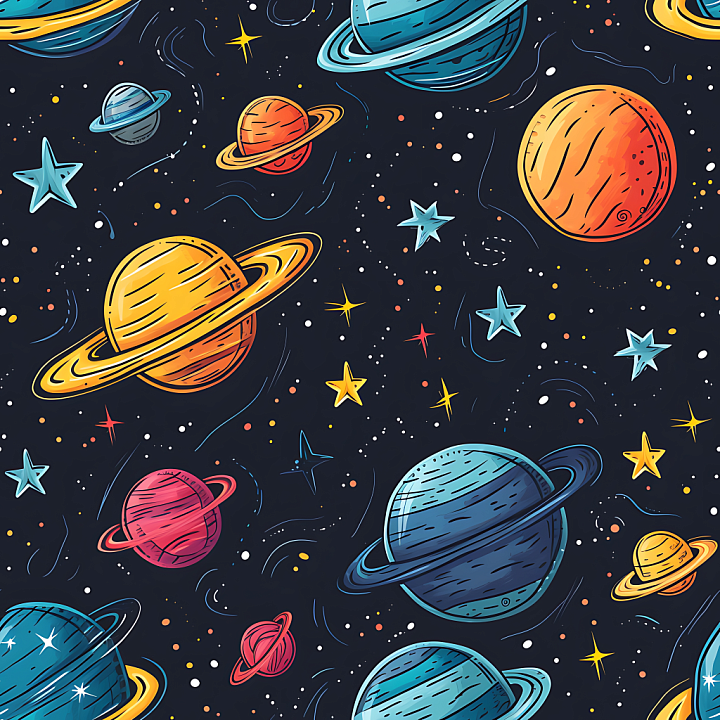 Space Featuring Cartoon Planets and Colorful Stars seamless PBR texture preview