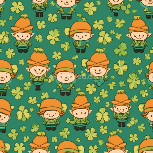 Seamless 3D PBR Texture Featuring Cartoon Leprechauns and Shamrocks