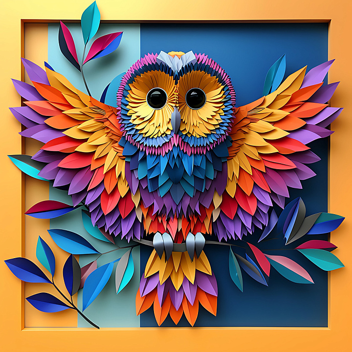 Featuring Vibrant Colorful Owl Feather Origami Pattern seamless PBR texture preview