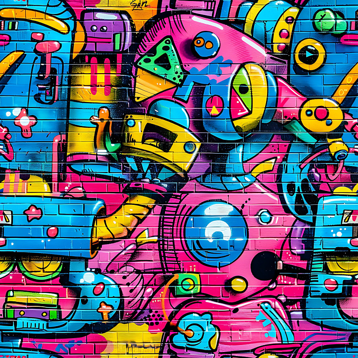 Of Vibrant Colorful Graffiti Art On Brick Wall seamless PBR texture preview