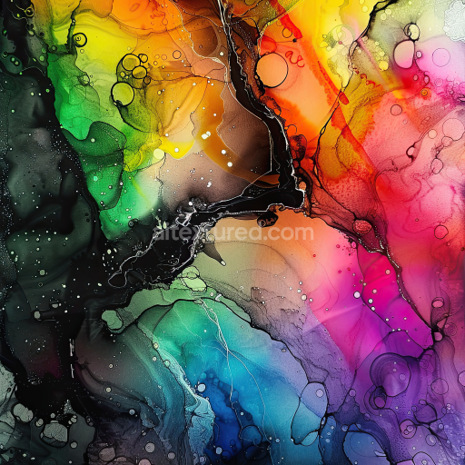 Seamless 3D Alcohol Ink PBR Texture Featuring Vibrant Rainbow Swirls and Fluid Marbling