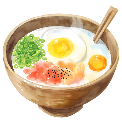 Warm Congee Breakfast Bowl with Egg, Green Onions, and Toppings Illustration