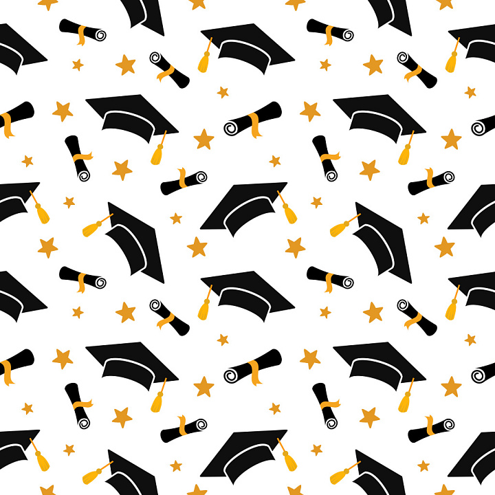 Pattern Featuring Graduation Caps, Diplomas, and Stars in Black and Gold seamless PBR texture preview