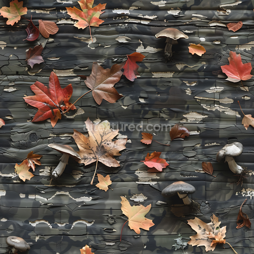 Seamless 3D Woodland Camouflage PBR Texture Featuring Autumn Leaves and Natural Decay