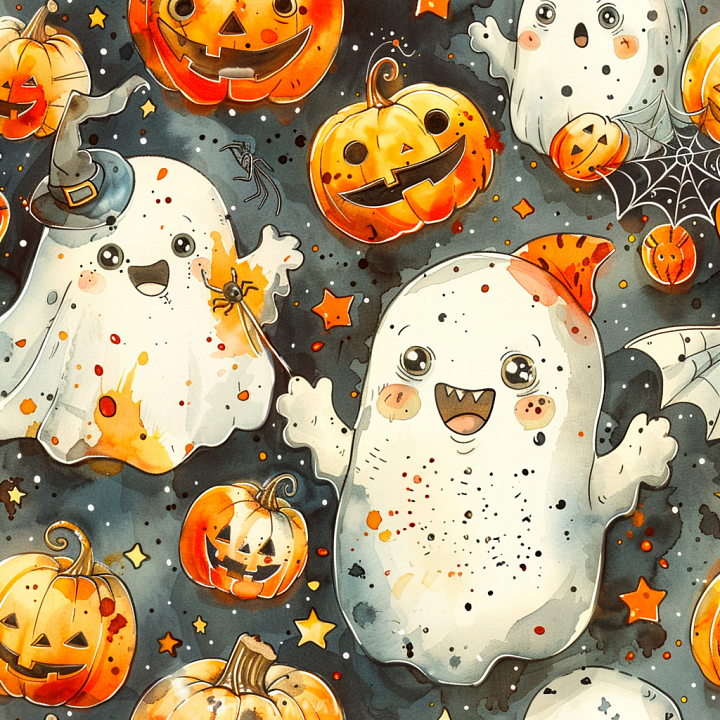 Watercolor Halloween with Cute Ghosts and Jack-o'-Lanterns seamless PBR texture preview