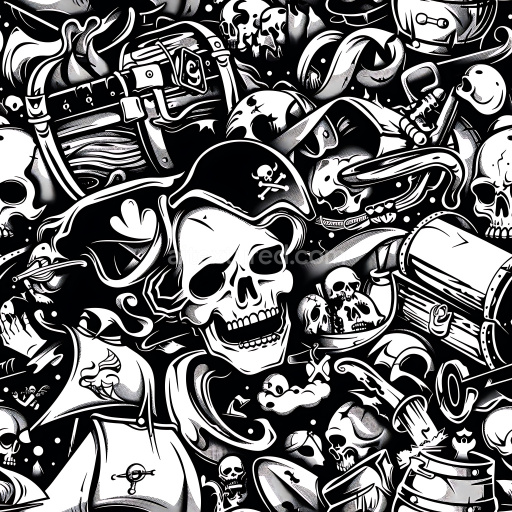 Seamless 3D PBR Texture Featuring Black and White Pirate Skulls and Treasure Chest Graffiti