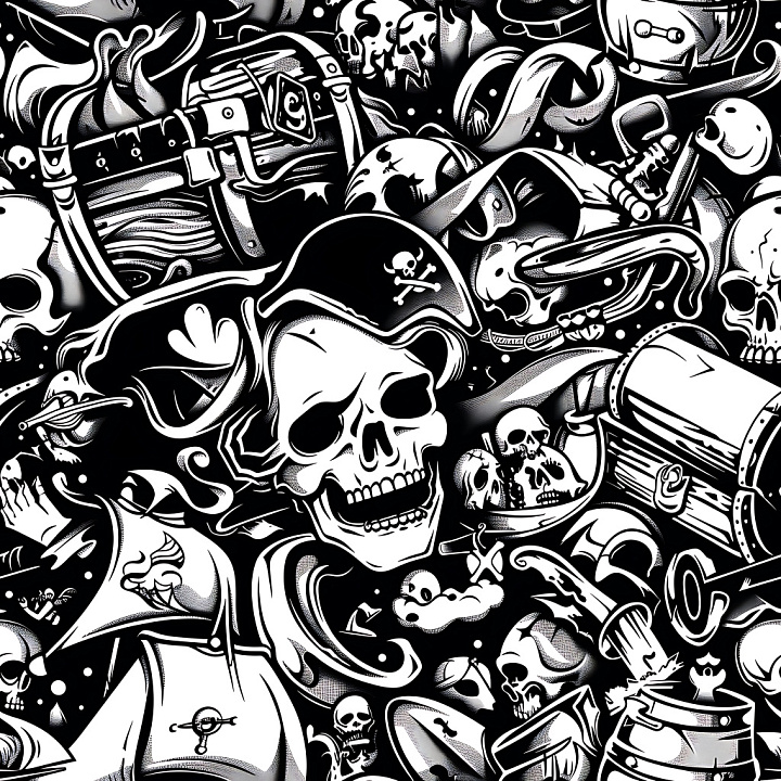 Featuring Black and White Pirate Skulls and Treasure Chest Graffiti seamless PBR texture preview