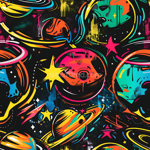 Seamless 3D PBR Texture of Colorful Space-Themed Graffiti Art