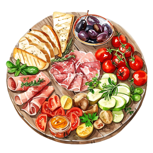 Preview — Breakfast Ploughman's Platter with Cold Cuts, Cheese, and Fresh Vegetables Illustration