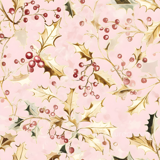 All Christmas Digital paper Texture of Gold Holly Leaves with Red Berries on Soft Pink seamless All Christmas Digital paper PBR texture